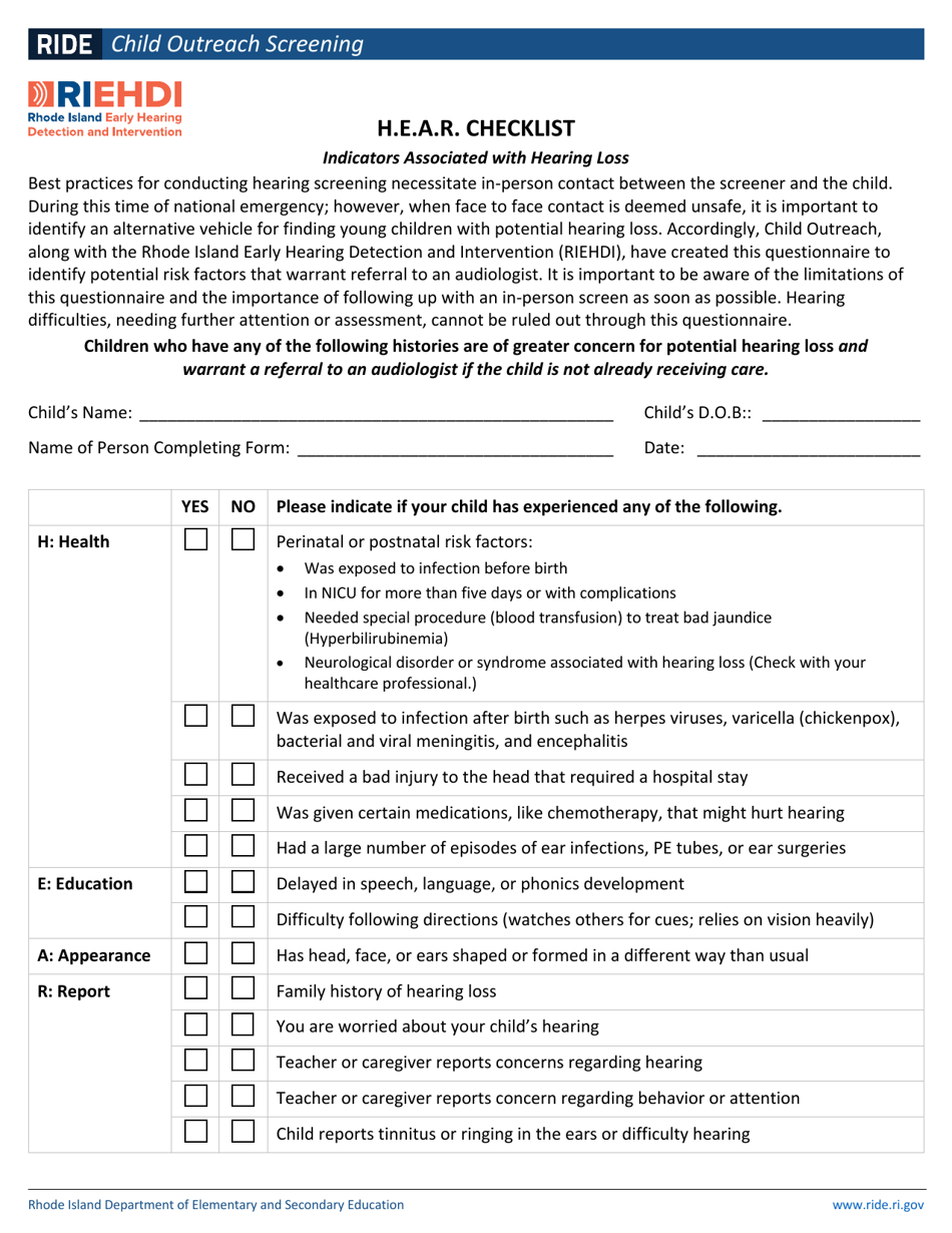 H.e.a.r. Checklist - Rhode Island, Page 1