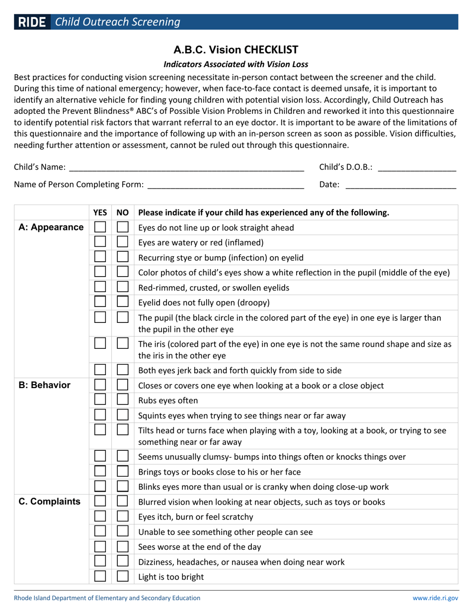 A.b.c. Vision Checklist - Rhode Island, Page 1