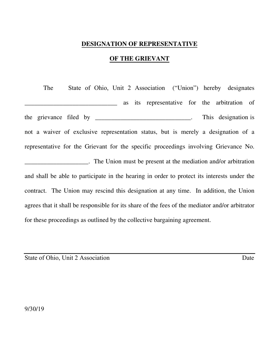Designation of Representative of the Grievant - State of Ohio Unit 2 Association - Ohio, Page 1