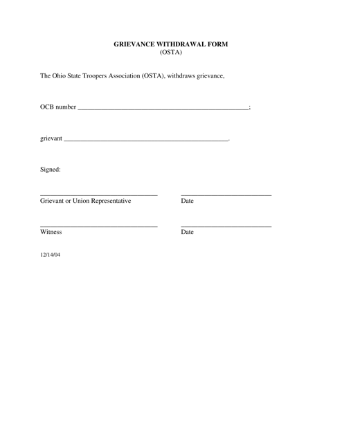 Grievance Withdrawal Form - Ohio State Troopers Association (Osta) - Ohio Download Pdf