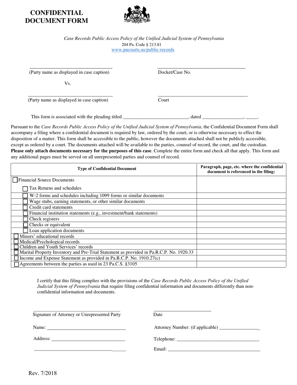 Confidential Document Form - Pennsylvania, Page 1