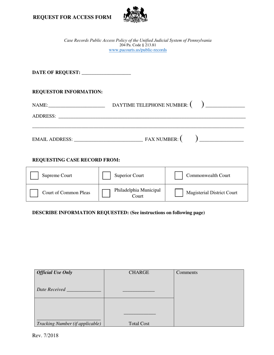 Request for Access Form - Pennsylvania, Page 1