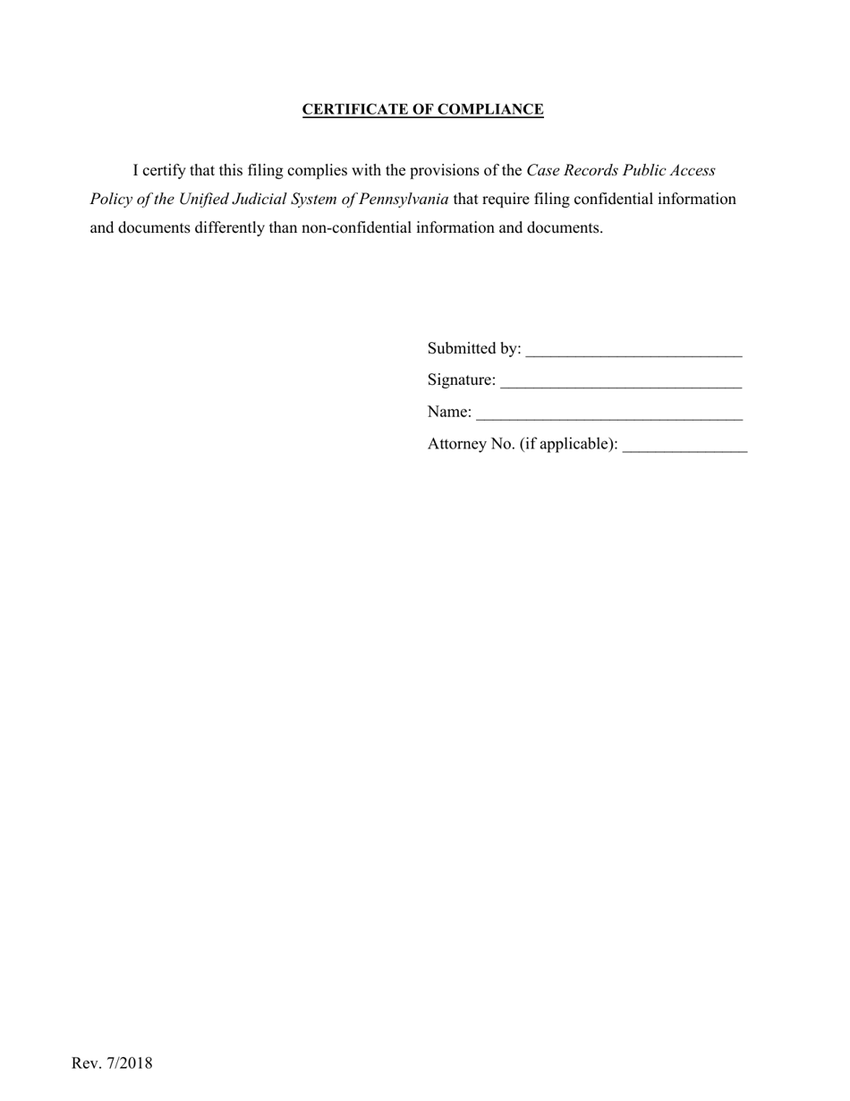 Certificate of Compliance - Pennsylvania, Page 1