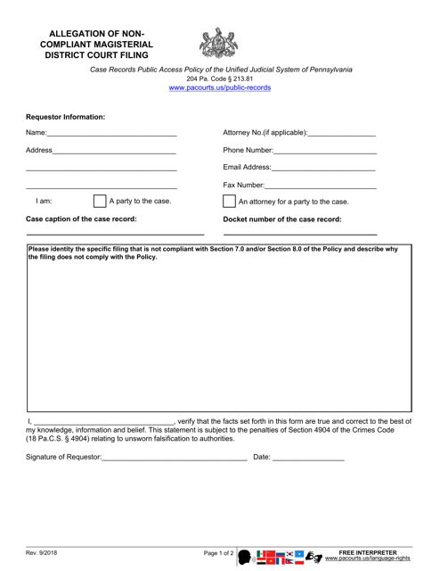 Allegation of Non-compliant Magisterial District Court Filing - Pennsylvania Download Pdf