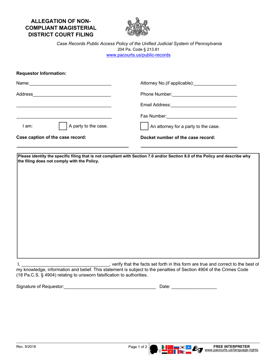Allegation of Non-compliant Magisterial District Court Filing - Pennsylvania, Page 1