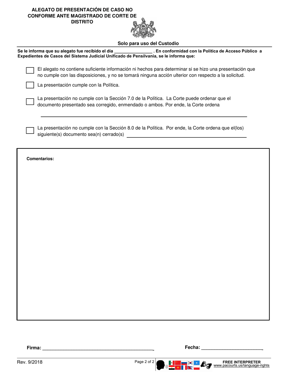 Alegato De Presentacion De Caso No Conforme Ante Magistrado De Corte De Distrito - Pennsylvania (Spanish), Page 2