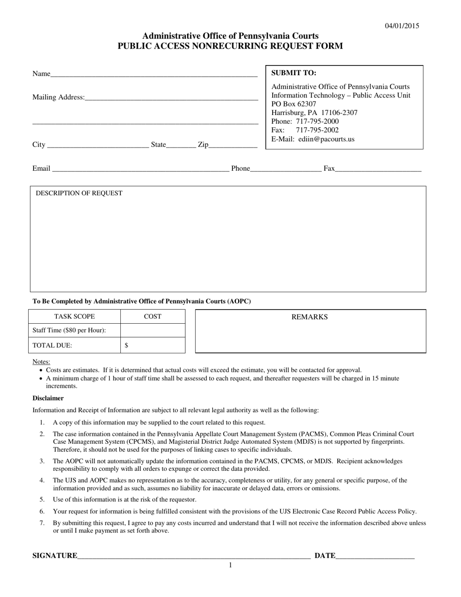 Public Access Nonrecurring Request Form - Pennsylvania, Page 1