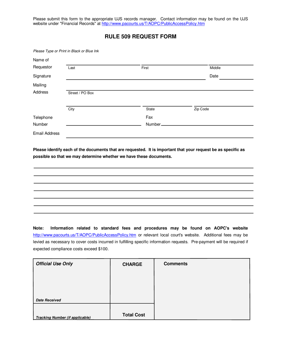 Rule 509 Request Form - Pennsylvania, Page 1