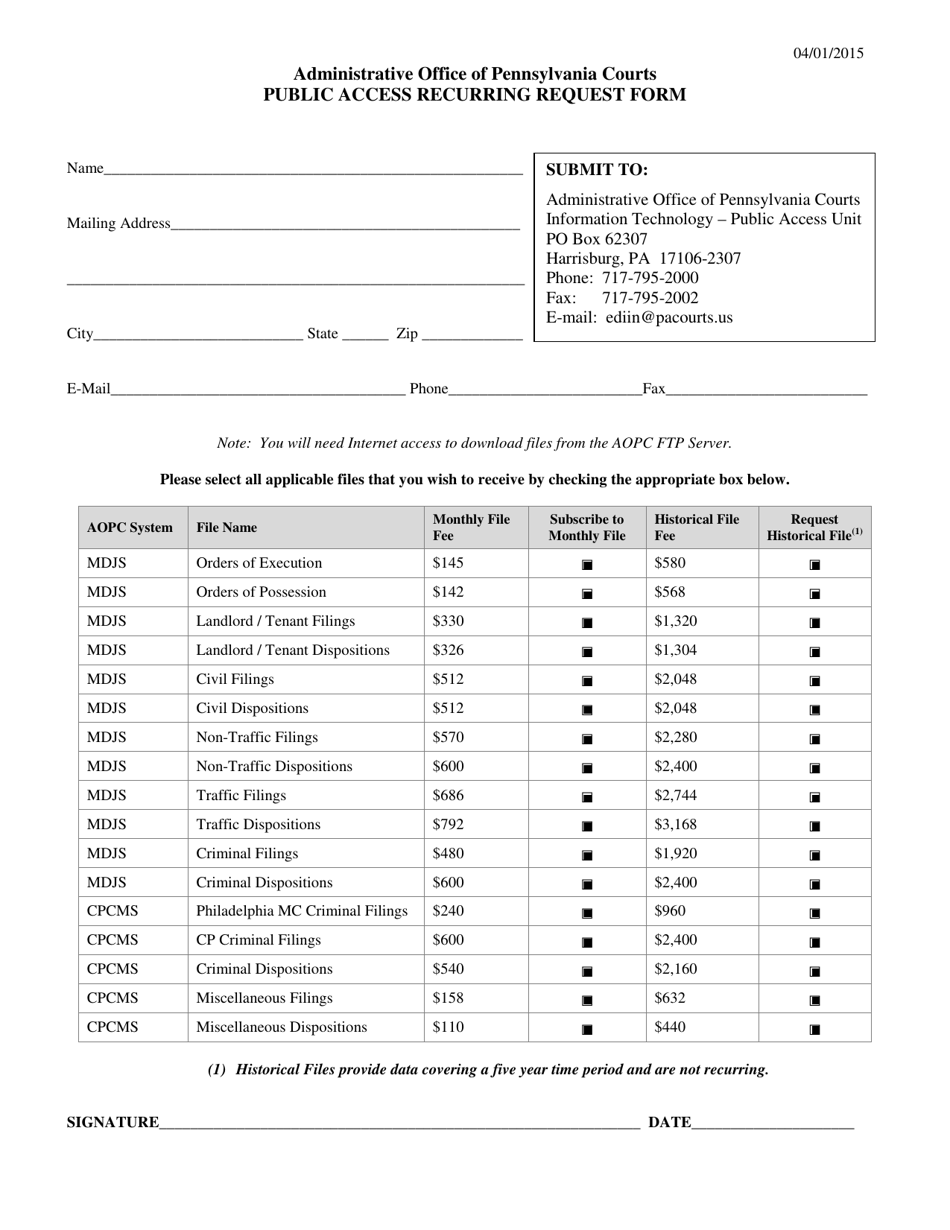 Public Access Recurring Request Form - Pennsylvania, Page 1