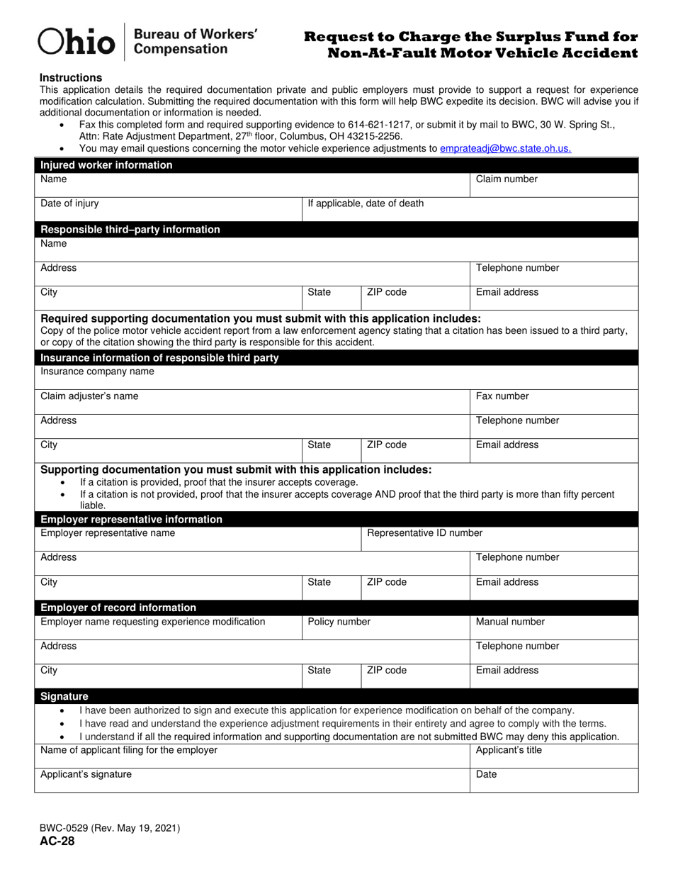 Form AC-28 (BWC-0529) Request to Charge the Surplus Fund for Non-at-Fault Motor Vehicle Accident - Ohio, Page 1