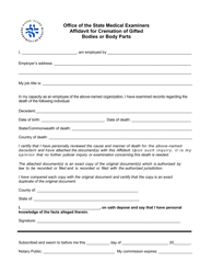 Document preview: Affidavit for Cremation of Gifted Bodies or Body Parts - Rhode Island