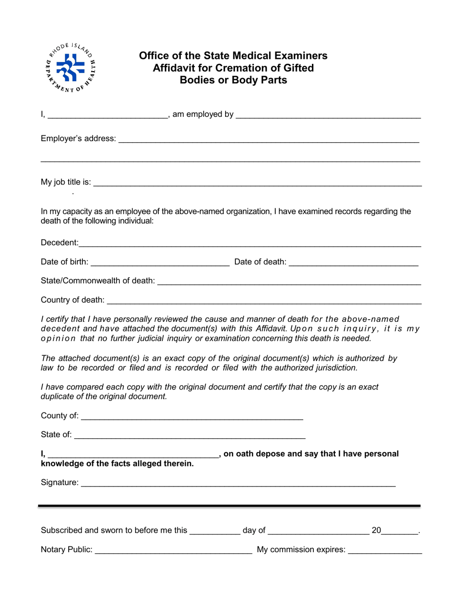 Affidavit for Cremation of Gifted Bodies or Body Parts - Rhode Island, Page 1