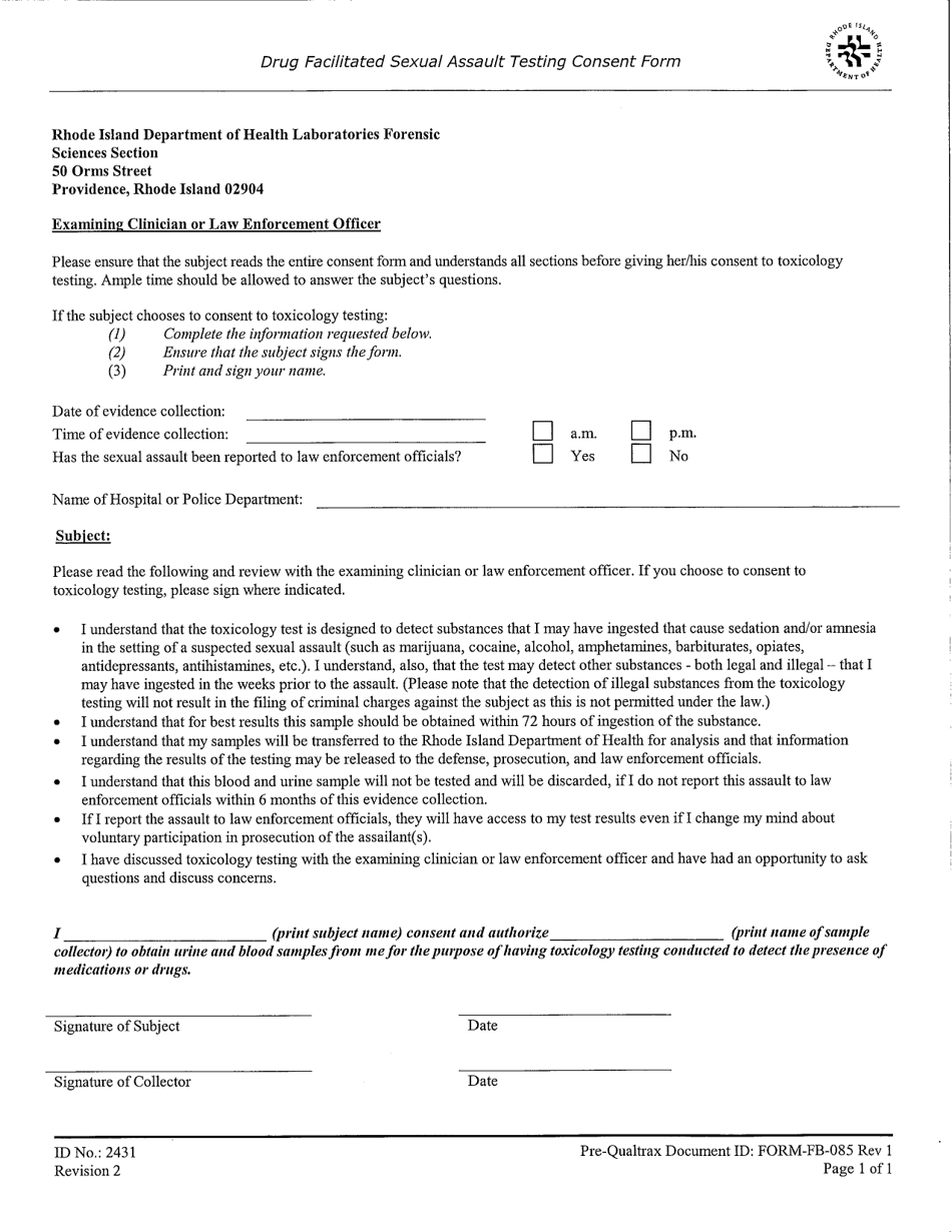 Form FB-085 Drug Facilitated Sexual Assault Testing Consent Form - Rhode Island, Page 1