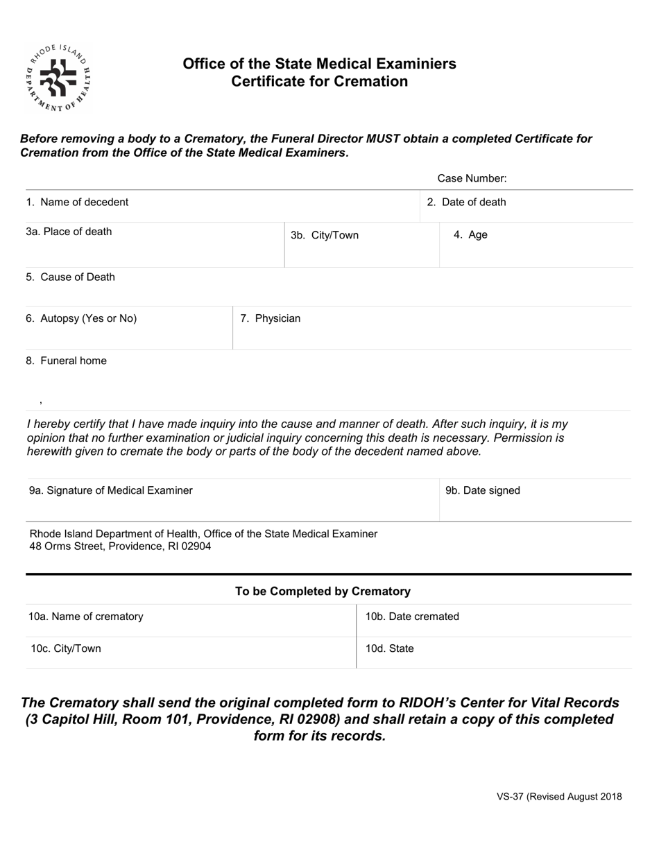 Form VS-37 Certificate for Cremation - Rhode Island, Page 1