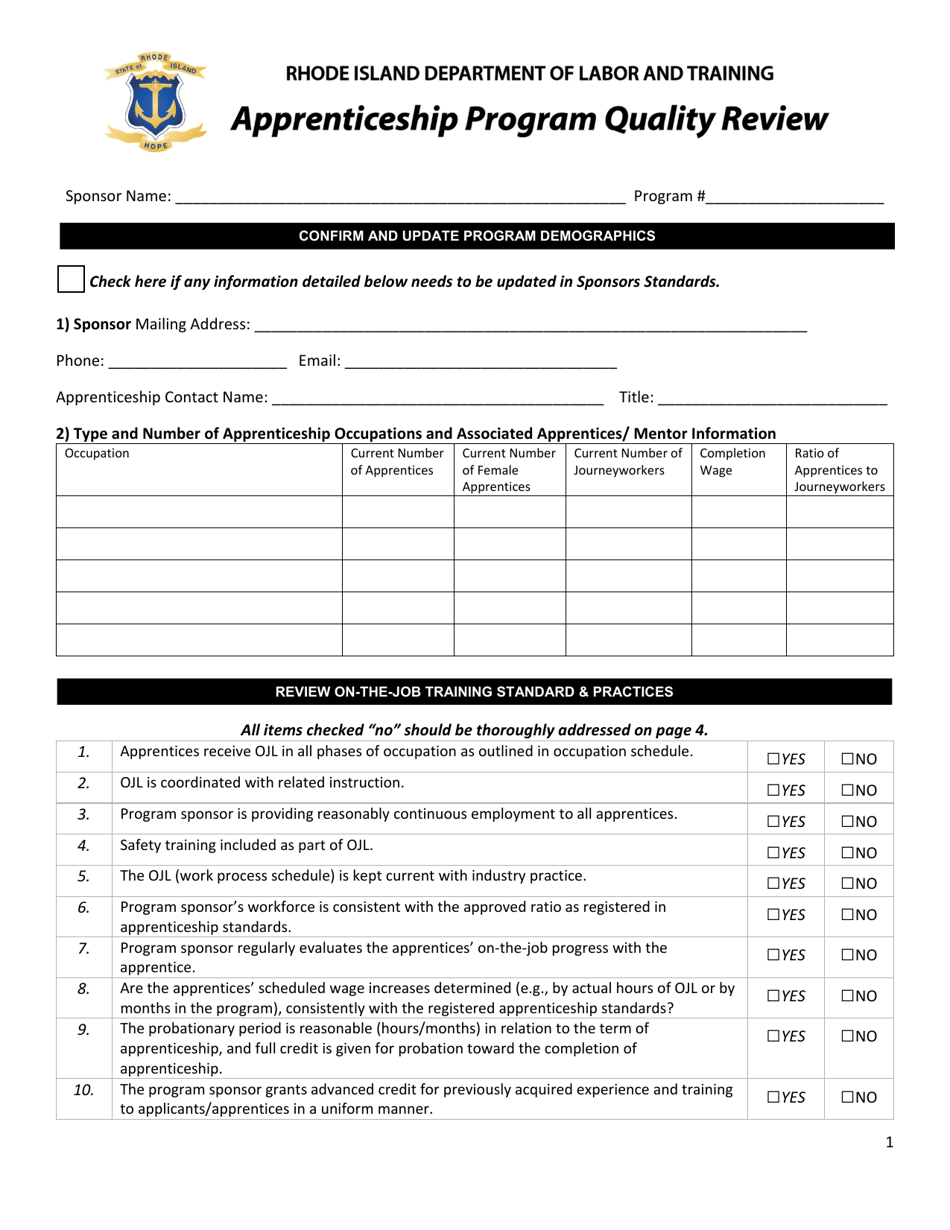 Apprenticeship Program Quality Review Checklist - Rhode Island, Page 1