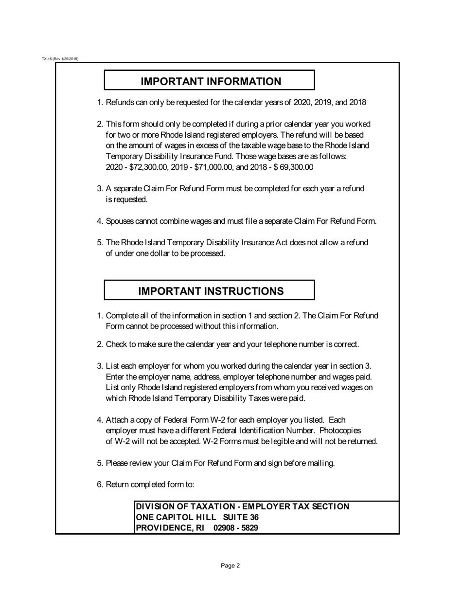 Form TX-16 Claim for Refund of Temporary Disability Insurance Tax - Rhode Island, Page 2