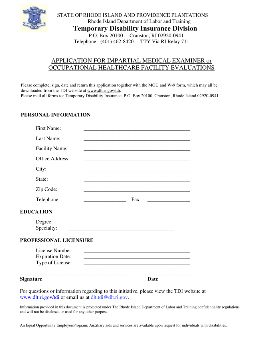 Application for Impartial Medical Examiner or Occupational Healthcare Facility Evaluations - Rhode Island, Page 1