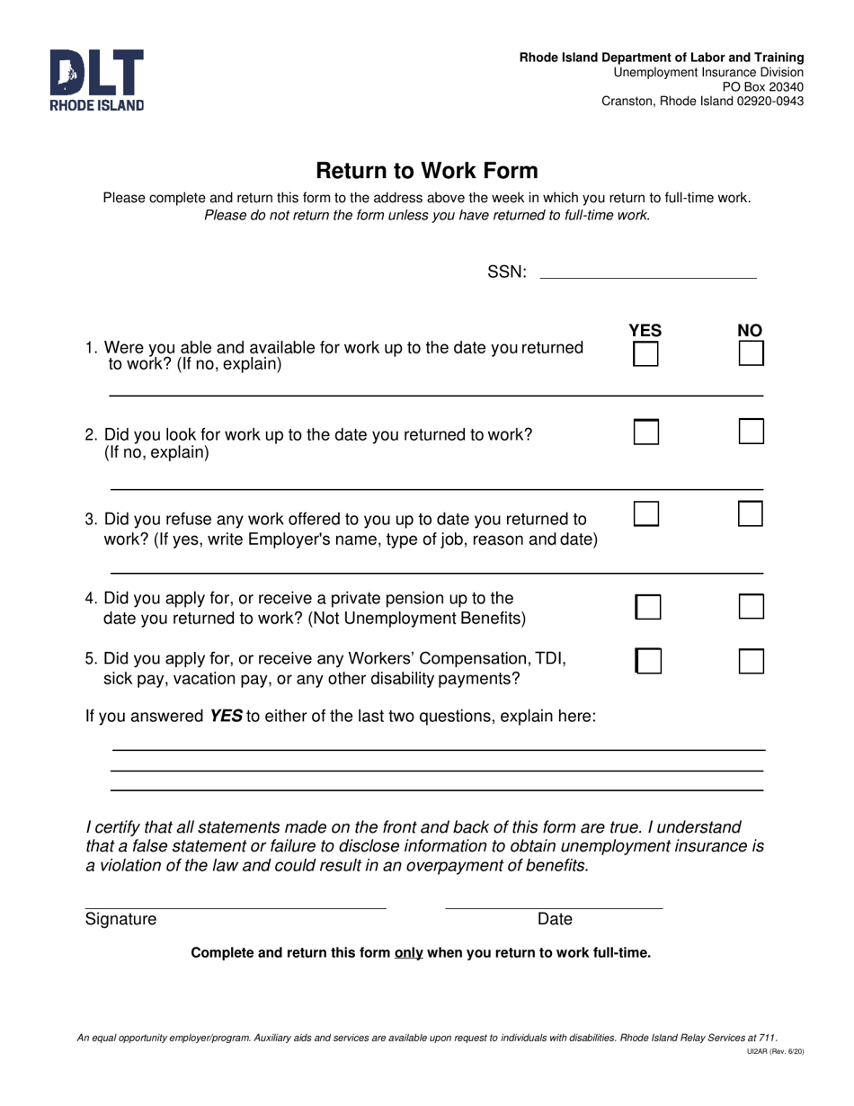 Form UI2AR Return to Work Form - Rhode Island, Page 1