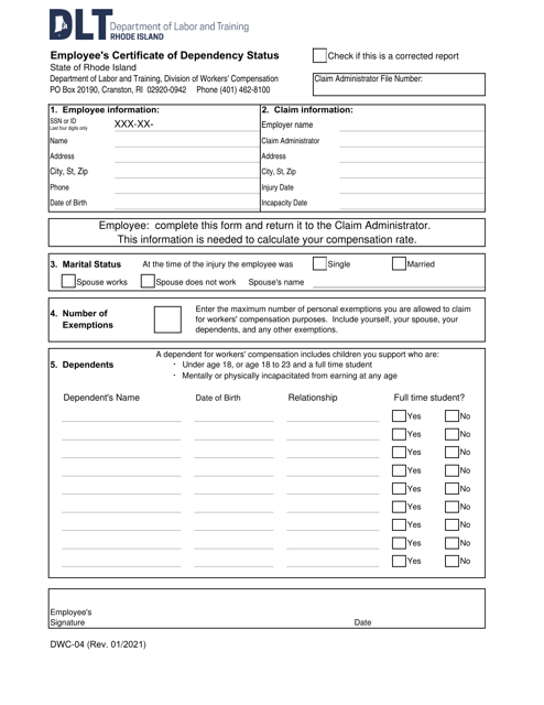 Form DWC-04 Employee's Certificate of Dependency Status - Rhode Island