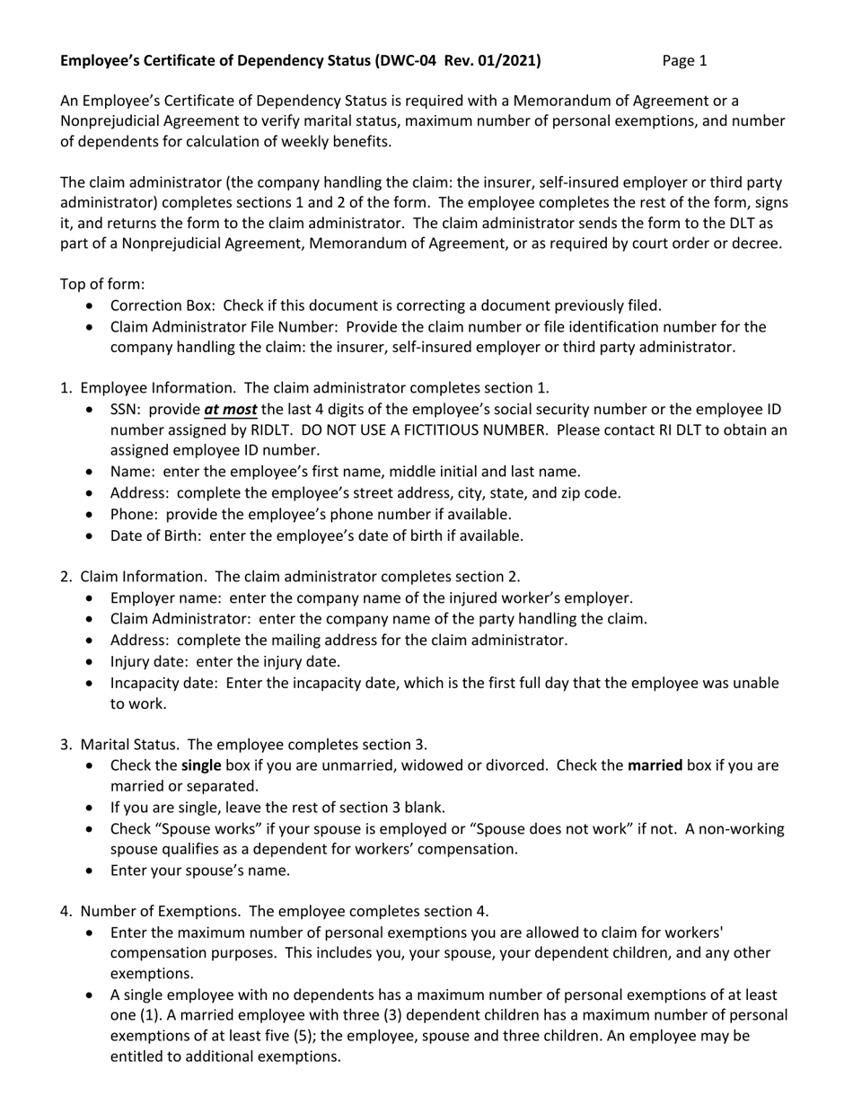 Form DWC-04 Employees Certificate of Dependency Status - Rhode Island, Page 2