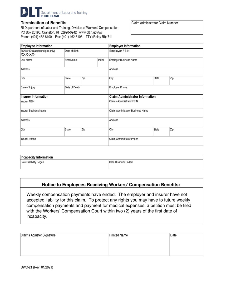 Form DWC21 Download Fillable PDF or Fill Online Termination of Benefits, Rhode Island 2016