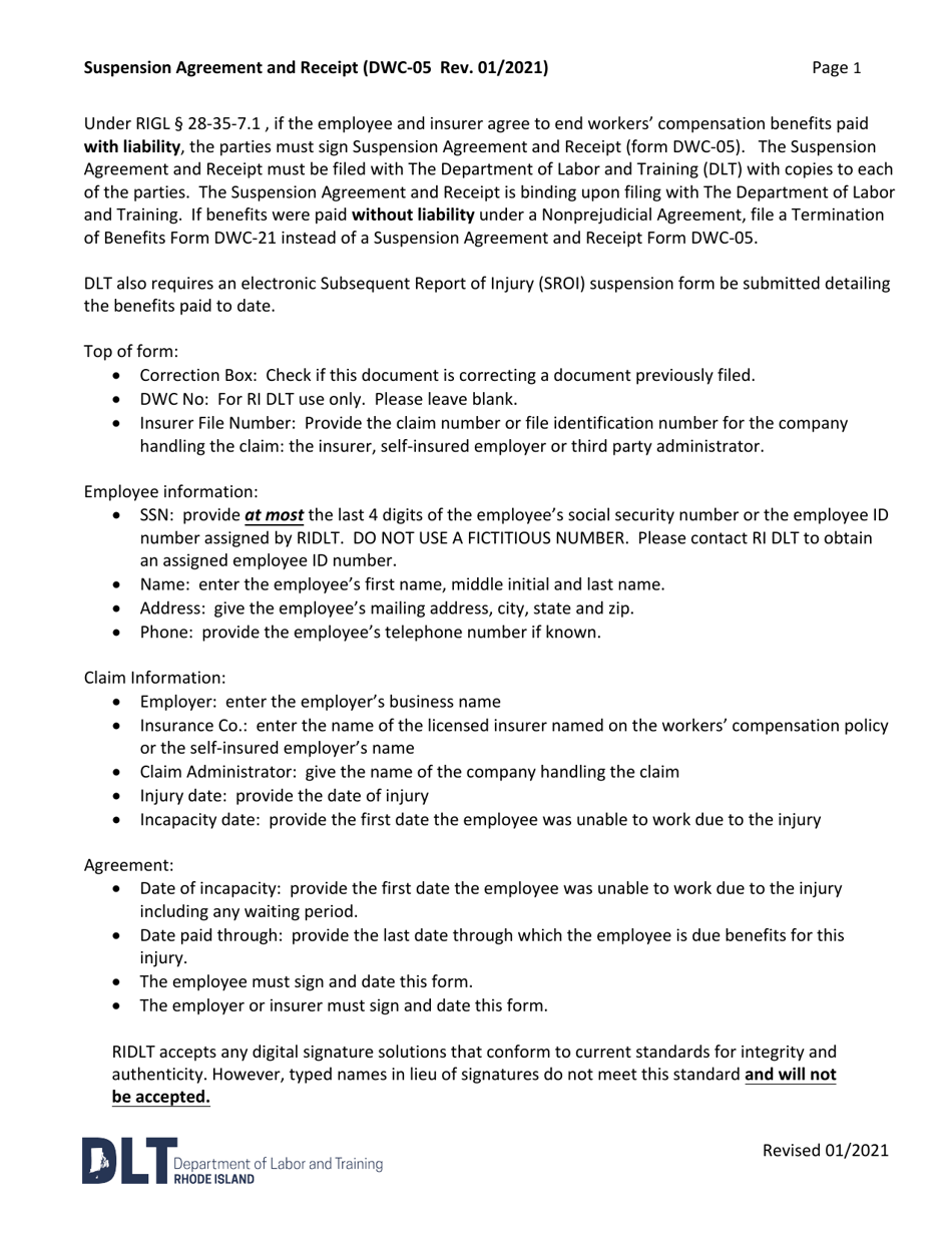 Form DWC-05 Suspension Agreement and Receipt - Rhode Island, Page 2