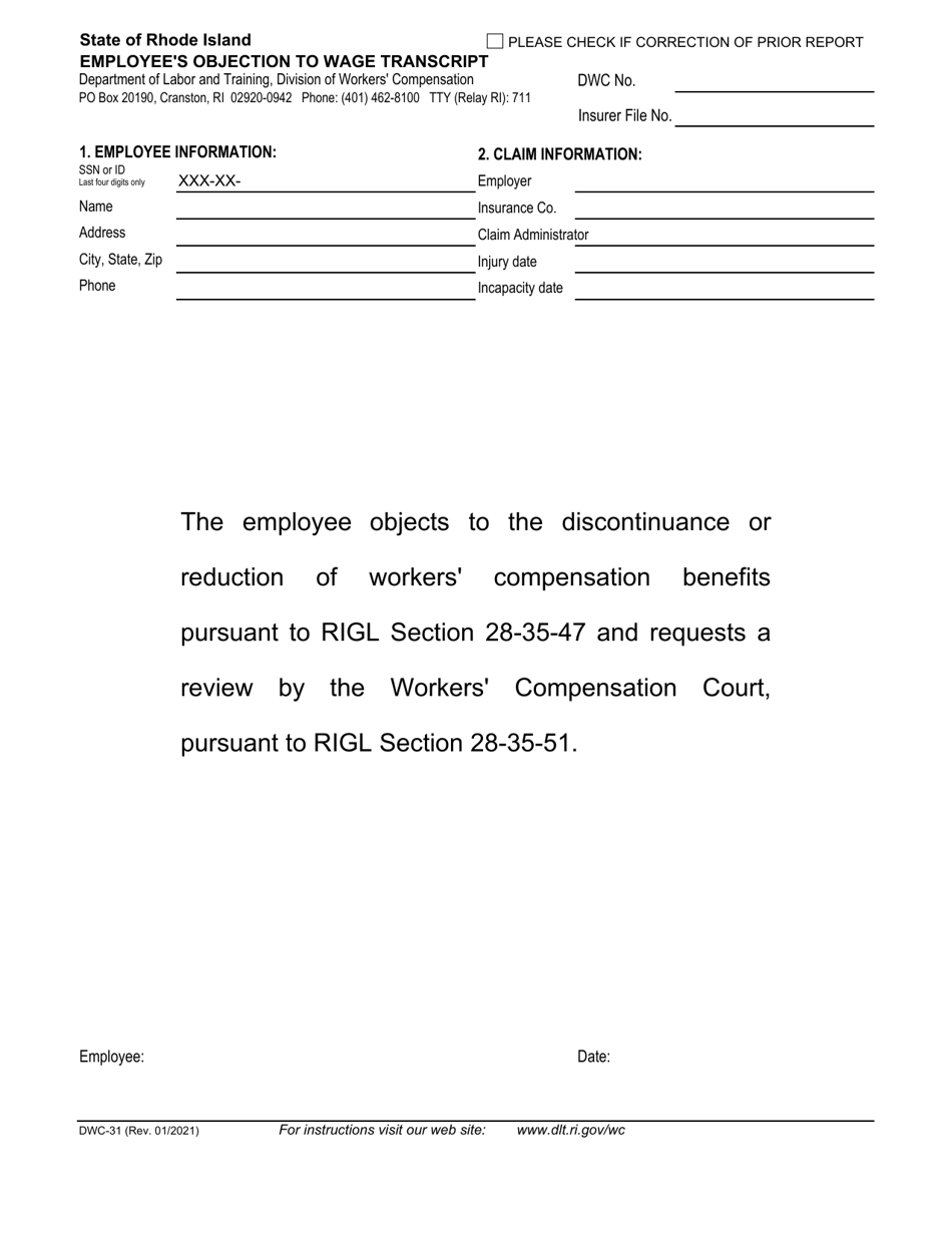 Form DWC-31 Employees Objection to Wage Transcript - Rhode Island, Page 1