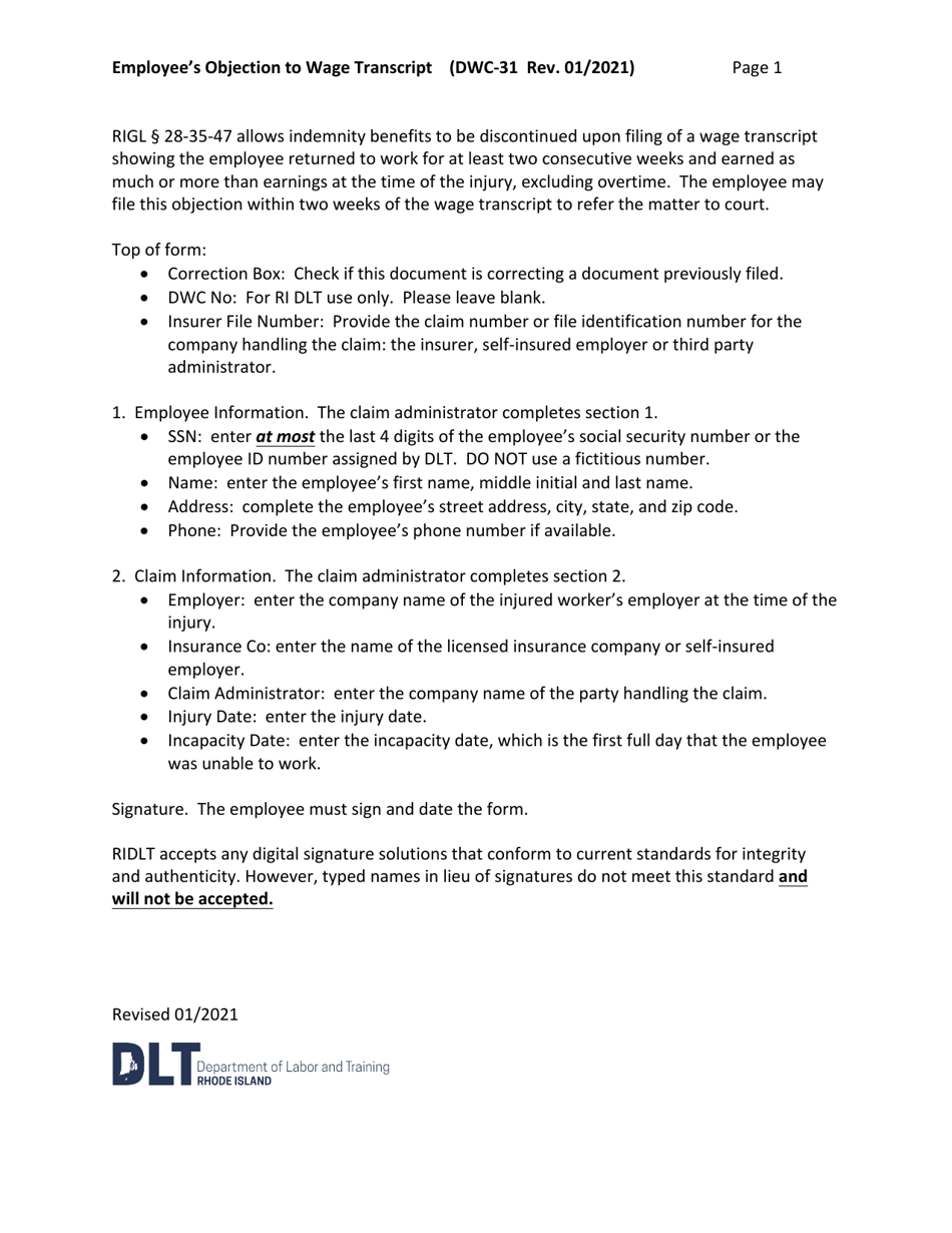 Form DWC-31 Employees Objection to Wage Transcript - Rhode Island, Page 2