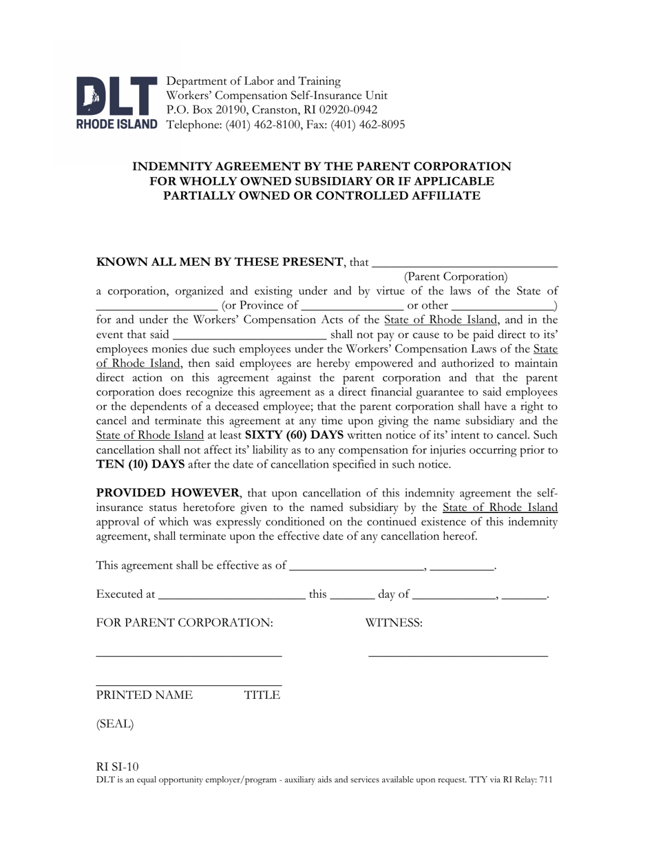 Form RI SI-10 Indemnity Agreement by the Parent Corporation for Wholly Owned Subsidiary or if Applicable Partially Owned or Controlled Affiliate - Rhode Island, Page 1