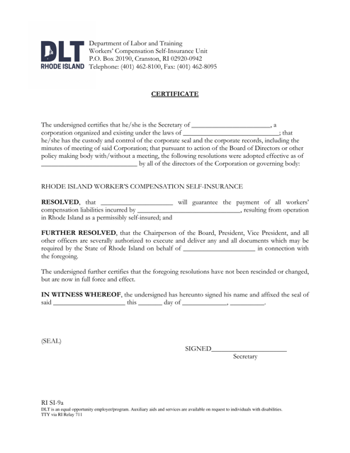 Form RI SI-9A Certificate - Rhode Island