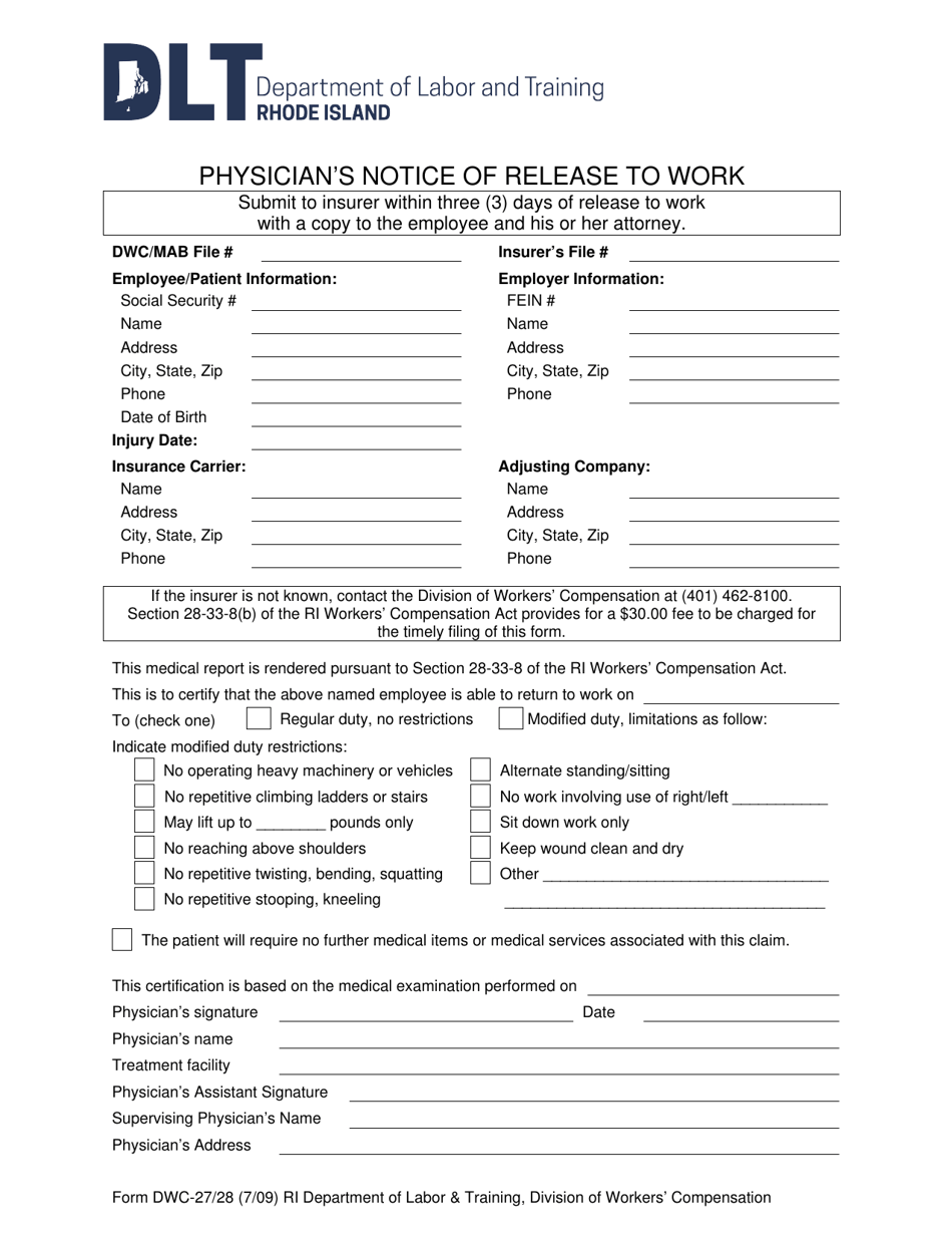 Form DWC-27 / 28 Physicians Notice of Release to Work - Rhode Island, Page 1