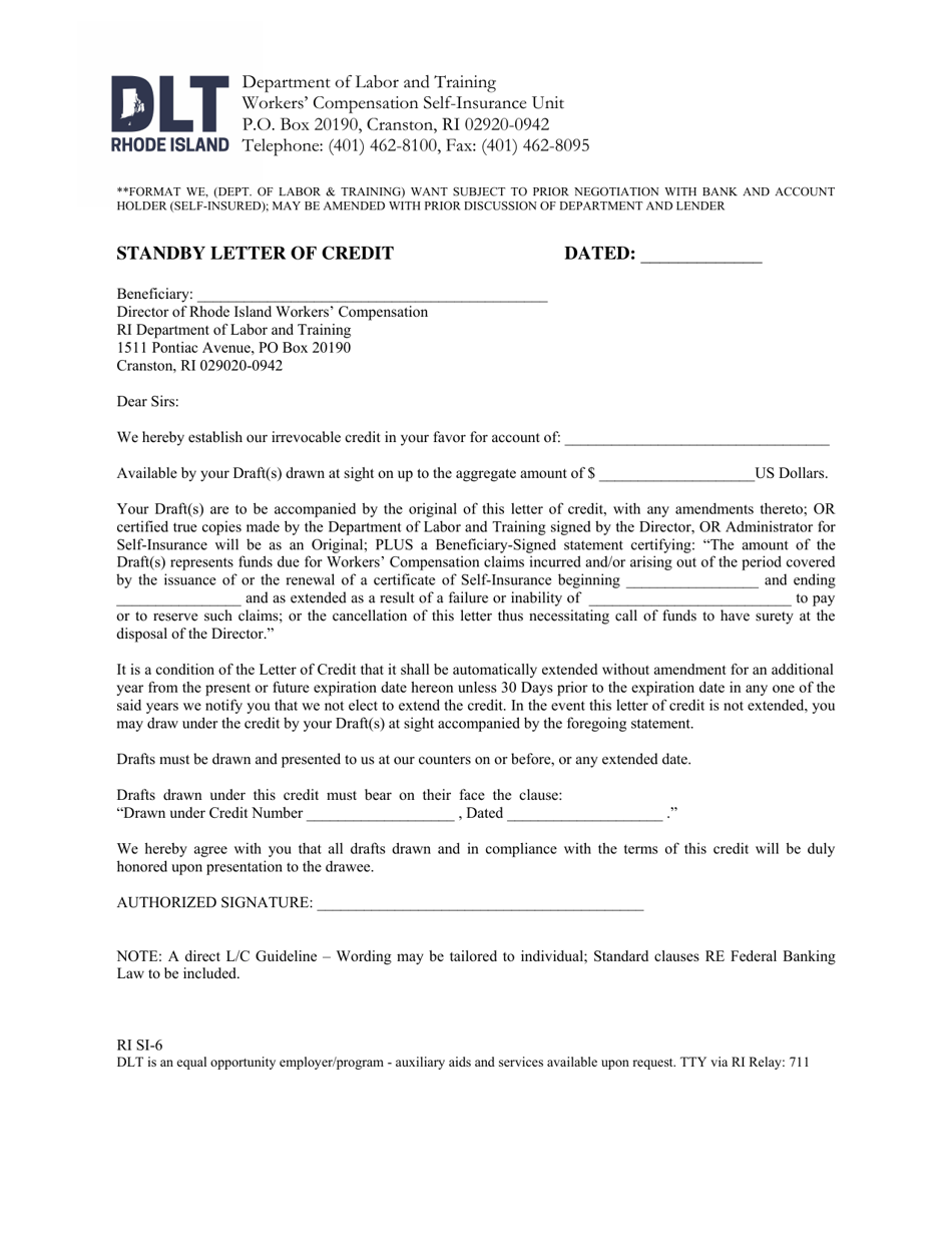 Form RI SI-6 Standby Letter of Credit - Rhode Island, Page 1