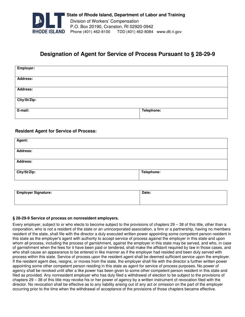 Designation of Agent for Service of Process Pursuant to 28-29-9 - Rhode Island, Page 1