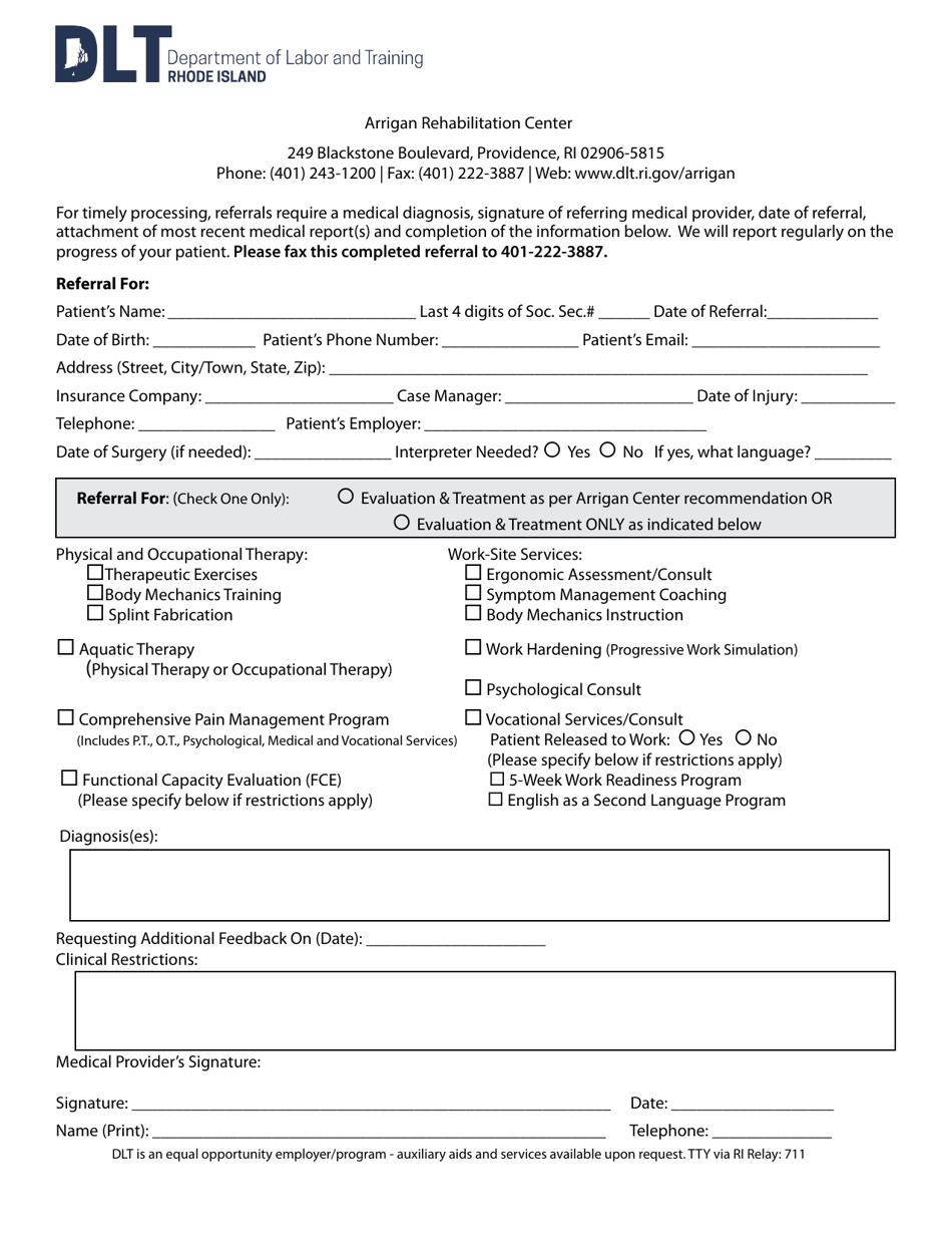 Physician Referal Form - Arrigan Rehabilitation Center - Rhode Island, Page 1