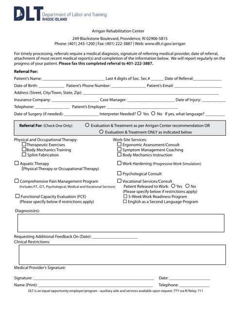Physician Referal Form - Arrigan Rehabilitation Center - Rhode Island Download Pdf