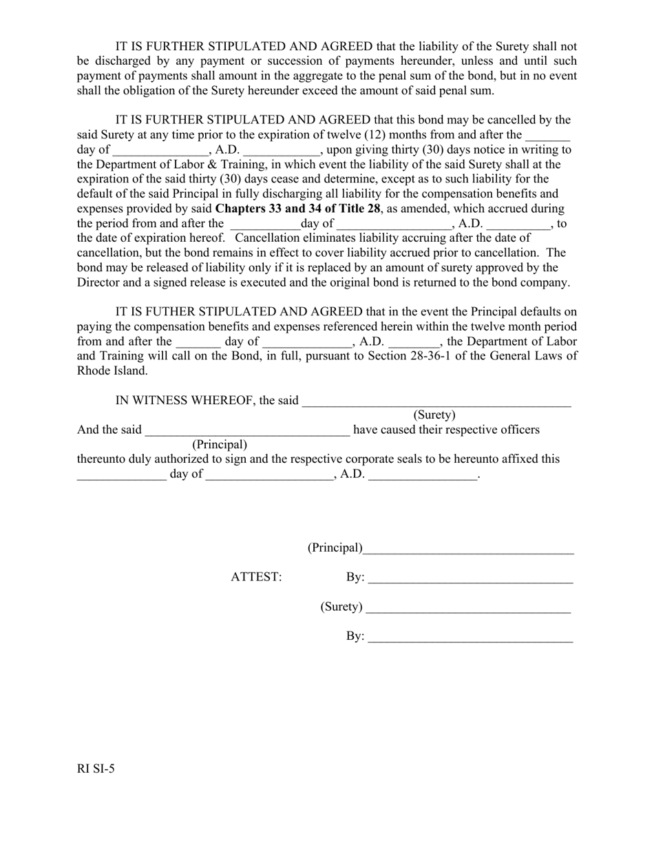 Form RI SI-5 Bond of Employer Authorized to Pay Workers Compensation Benefits Directly to Employees or Their Dependents - Rhode Island, Page 2