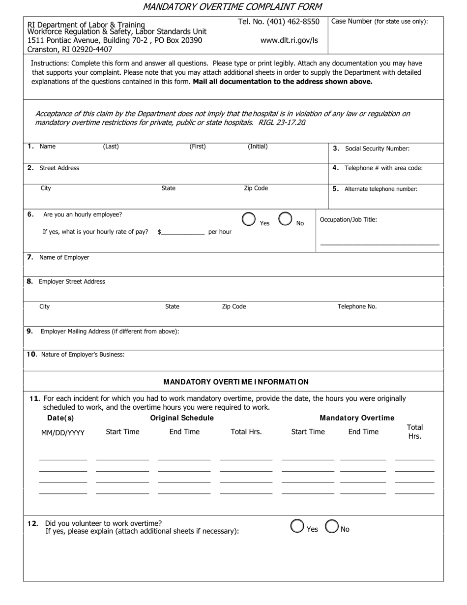 Mandatory Overtime Complaint Form - Rhode Island, Page 1