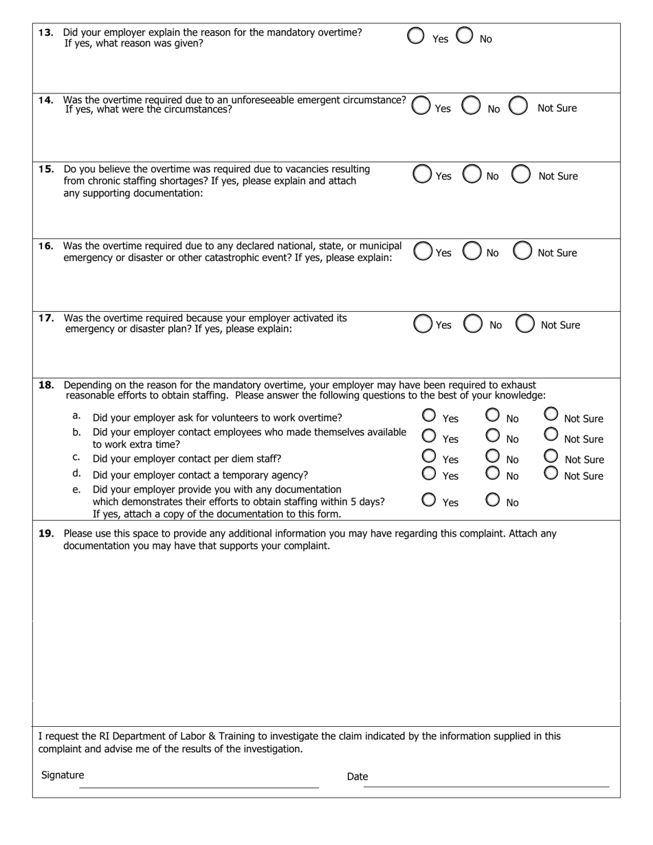 Mandatory Overtime Complaint Form - Rhode Island, Page 2