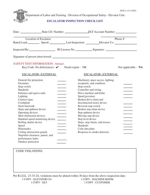 Form DLT-L-133 Escalator Inspection Check List - Rhode Island