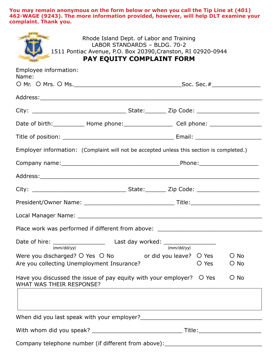 Pay Equity Complaint Form - Rhode Island, Page 1