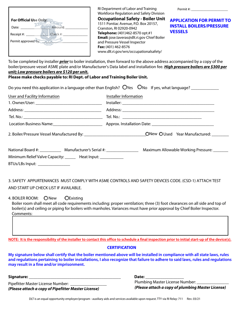 Application for Permit to Install Boilers / Pressure Vessels - Rhode Island, Page 1