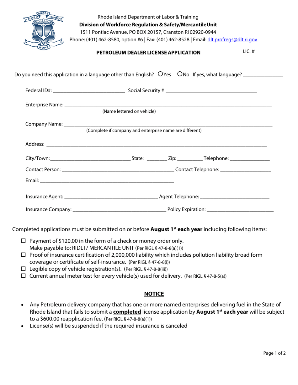 Rhode Island Petroleum Dealer License Application Fill Out, Sign Online and Download PDF