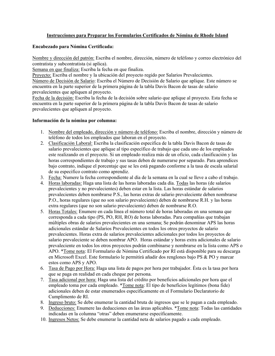 Instrucciones para Formulario DLT-WRS-1 Rhode Island Certified Weekly Payroll - Rhode Island (Spanish), Page 1