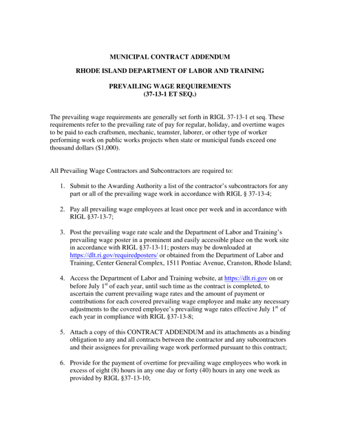 Proposed Prevailing Wage Contract Addendum for Municipalities - Rhode Island Download Pdf