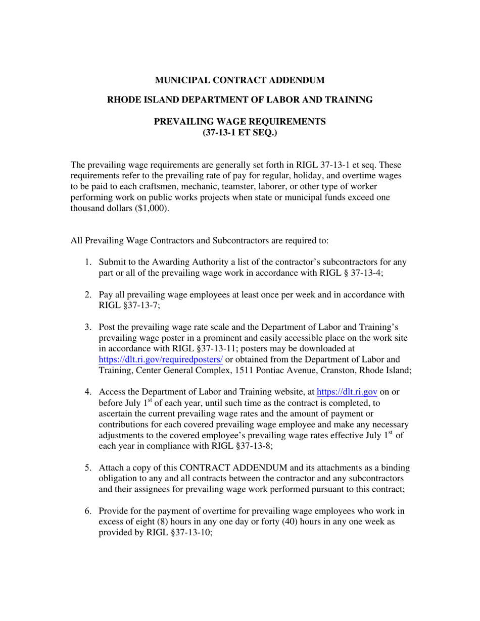 Rhode Island Proposed Prevailing Wage Contract Addendum for