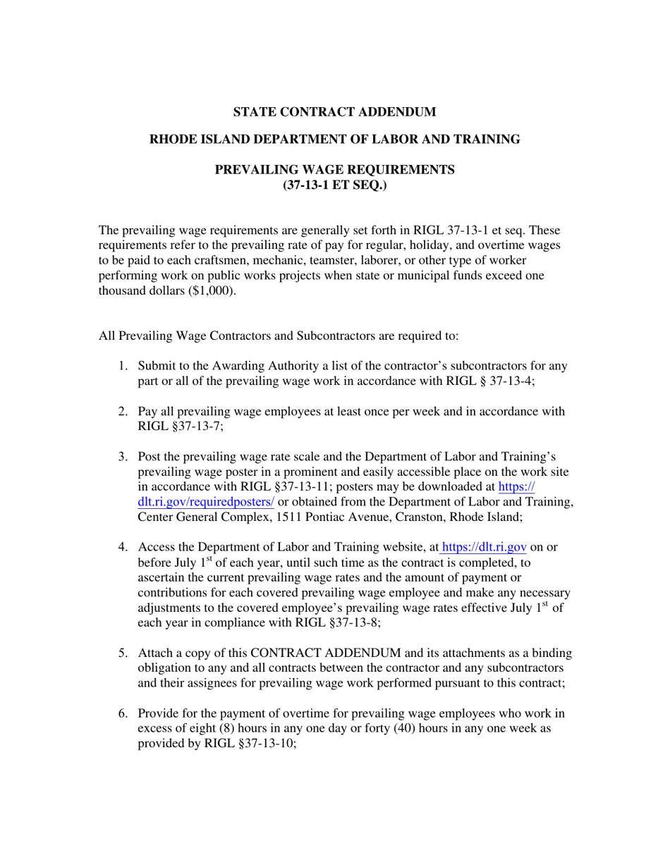 Proposed Prevailing Wage Contract Addendum for State / Quasi - Rhode Island, Page 1