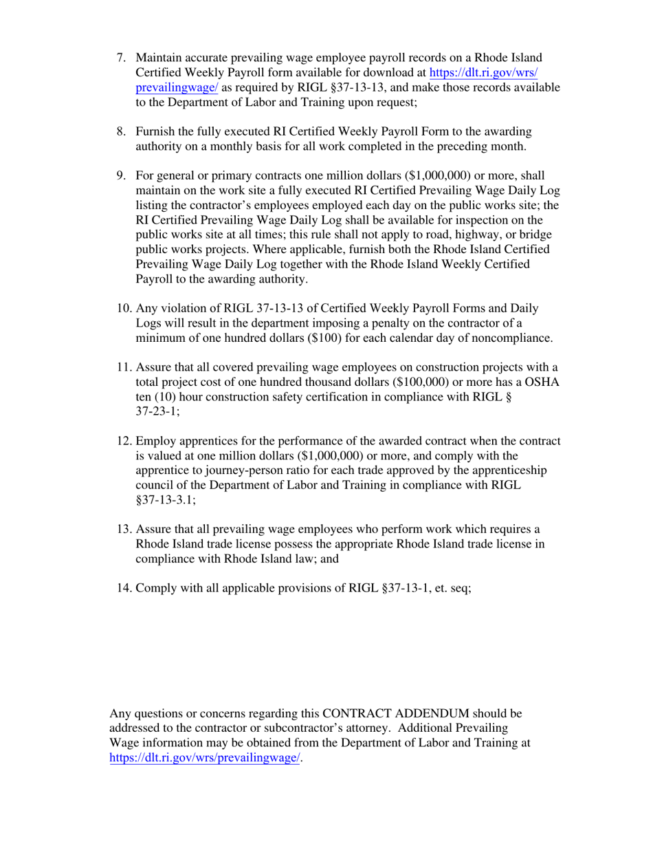 Proposed Prevailing Wage Contract Addendum for State / Quasi - Rhode Island, Page 2
