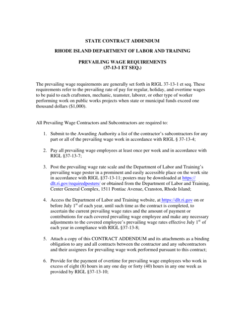 Proposed Prevailing Wage Contract Addendum for State / Quasi - Rhode Island Download Pdf