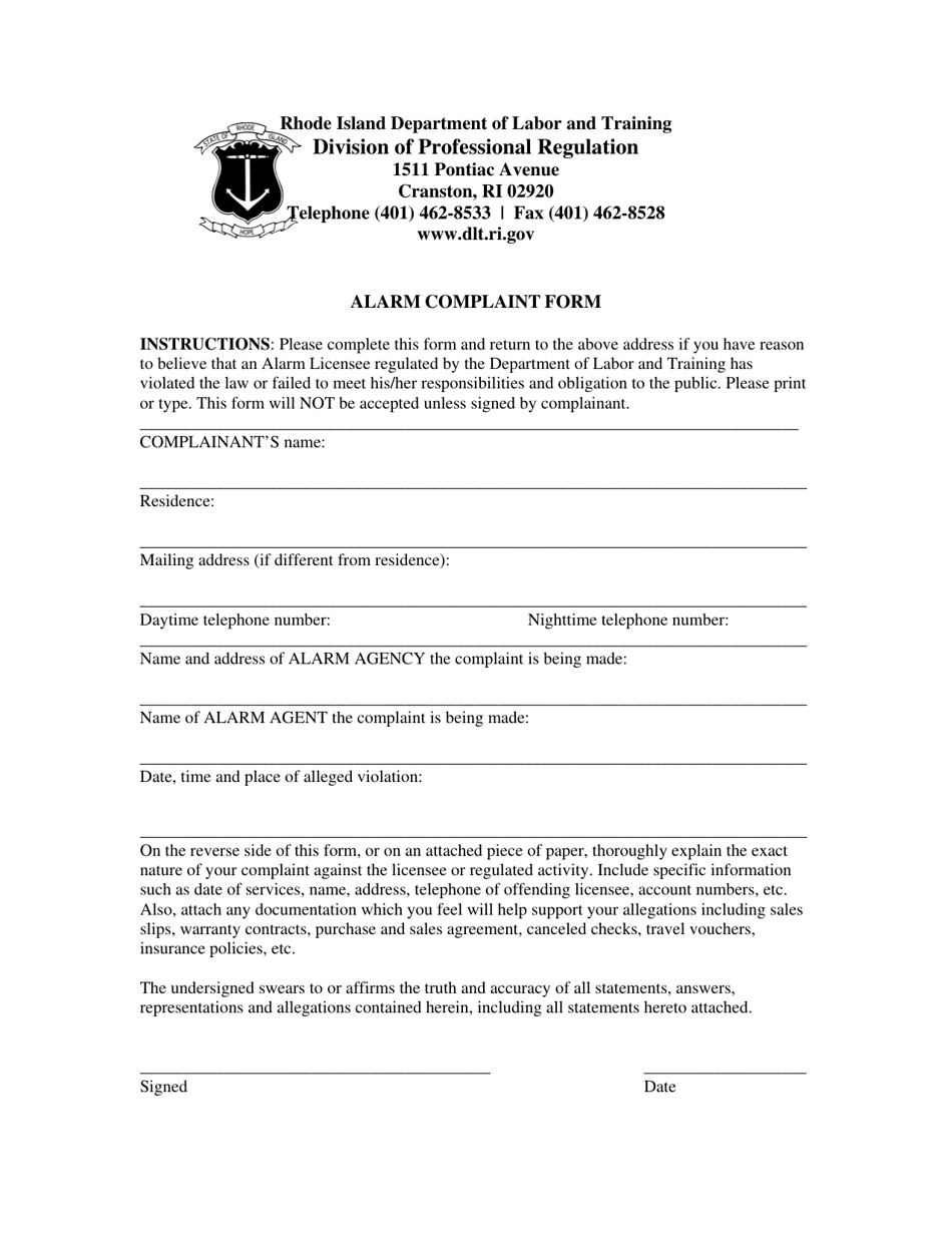 Alarm Complaint Form - Rhode Island, Page 1