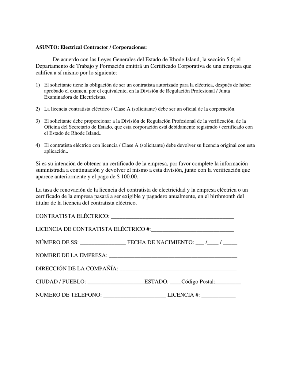 Electrical Contractor / Corporations Application - Rhode Island (Spanish), Page 1